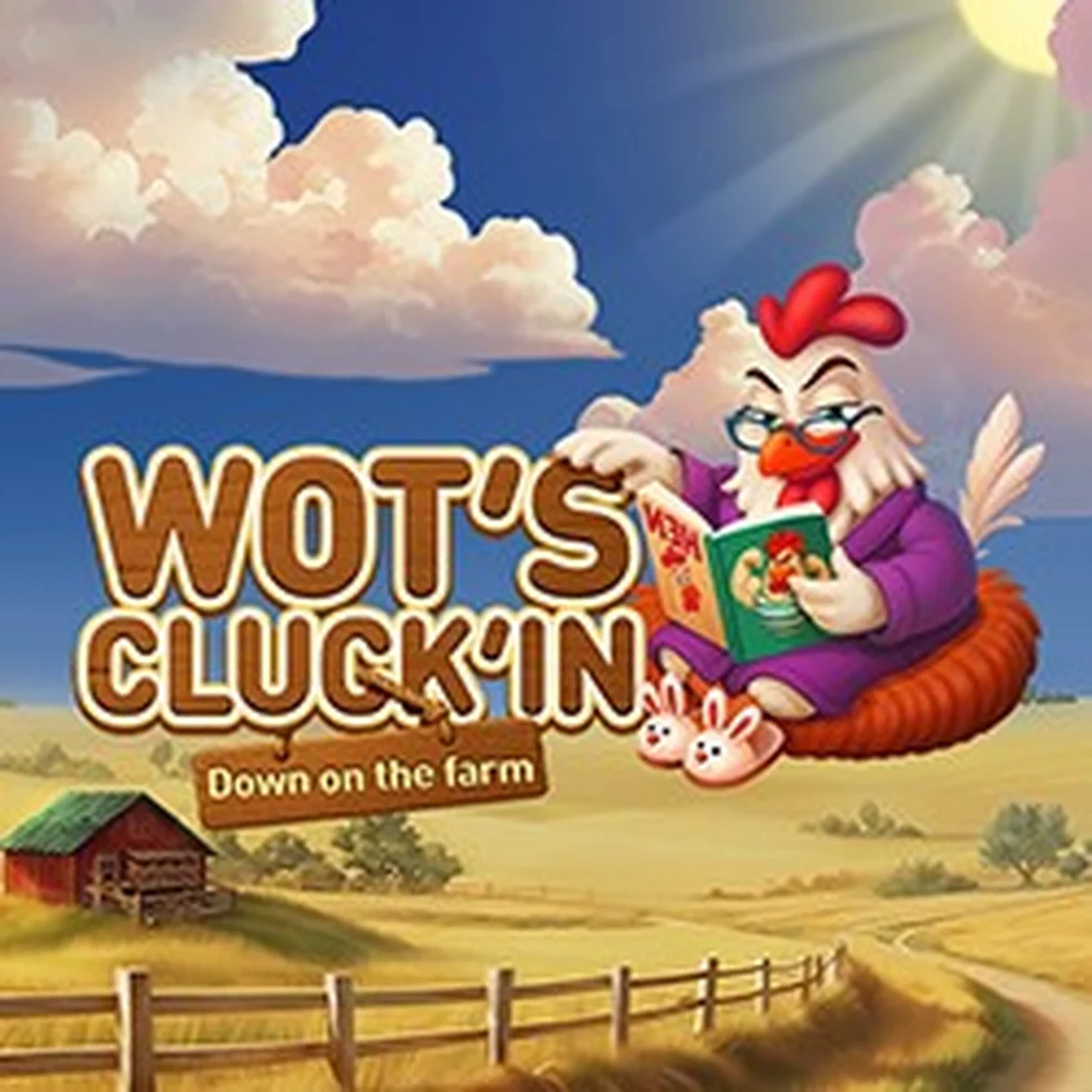 Wot's Cluck'in Down on the Farm slot artwork — a hen in glasses reading a book outside a red barn
