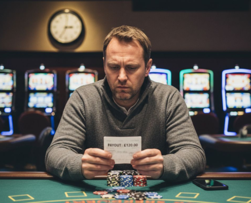 Player checking casino payout slip at table