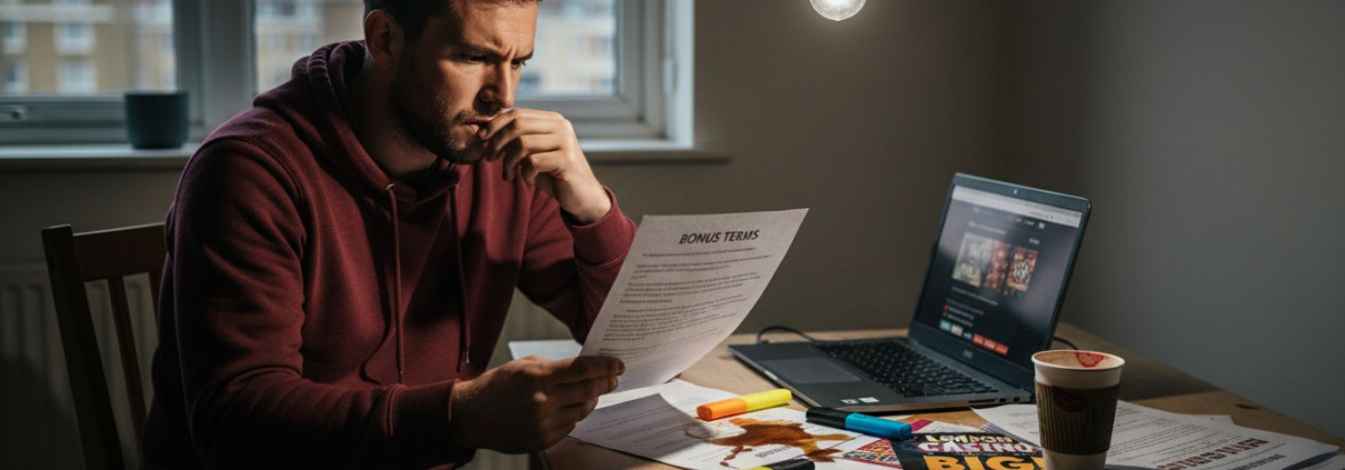 Man reviewing casino bonus terms at table