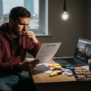 Man reviewing casino bonus terms at table