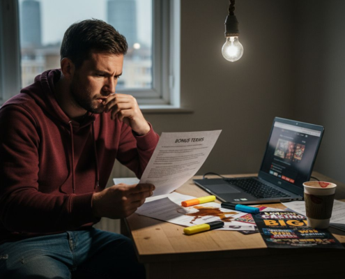 Man reviewing casino bonus terms at table
