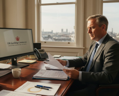 Compliance officer reviewing casino licensing paperwork