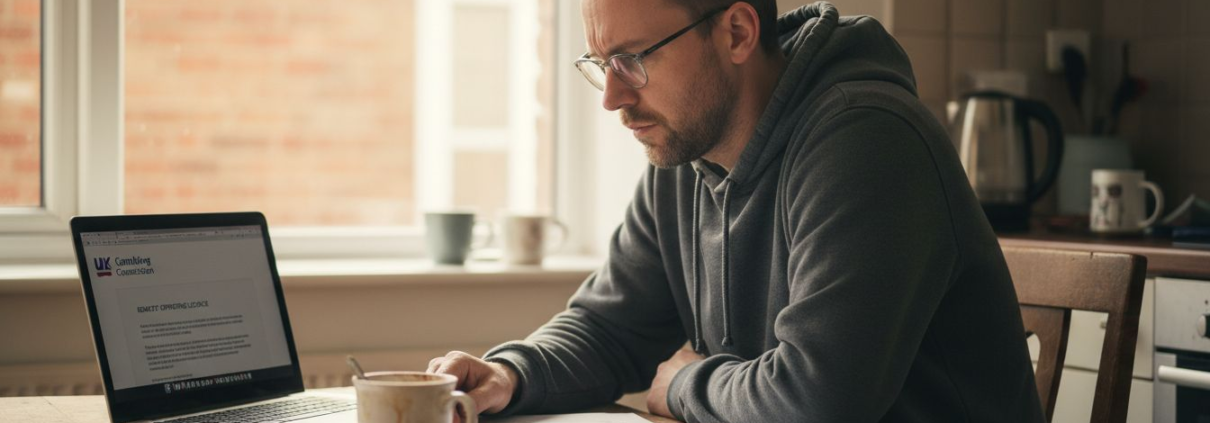 Man reviewing UK casino licence at laptop