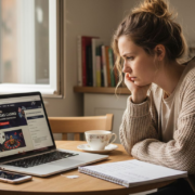 Woman verifying online casino license at kitchen table