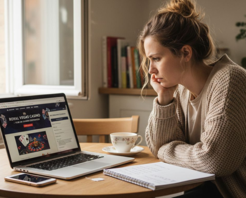 Woman verifying online casino license at kitchen table