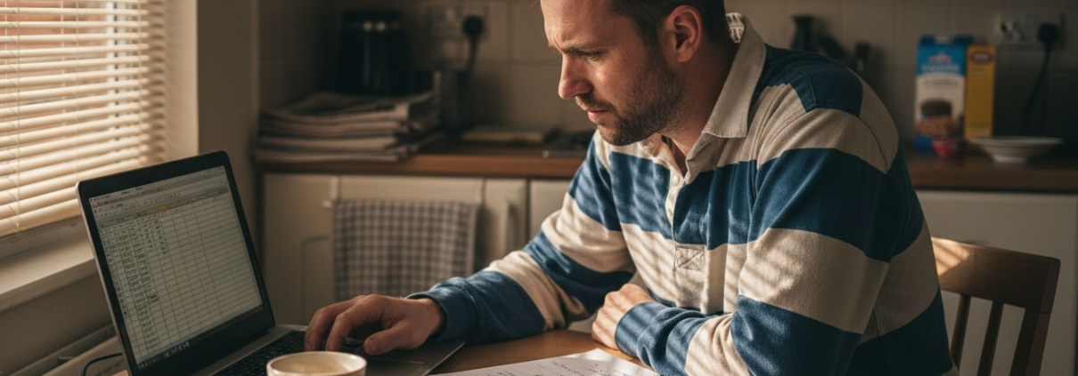 Man tracking gambling habits at kitchen table