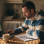 Man tracking gambling habits at kitchen table