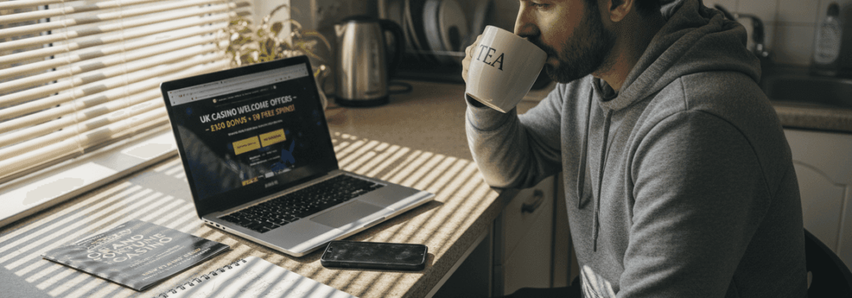 Man browsing UK casino welcome offers at home