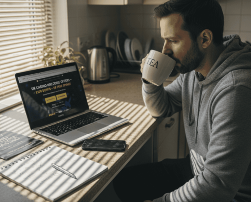 Man browsing UK casino welcome offers at home