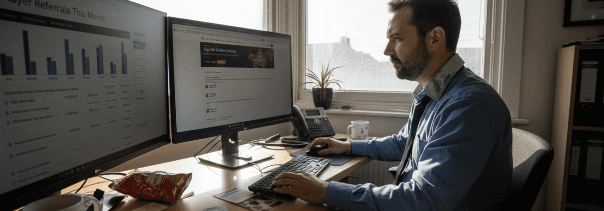 Man updating casino affiliate site in office