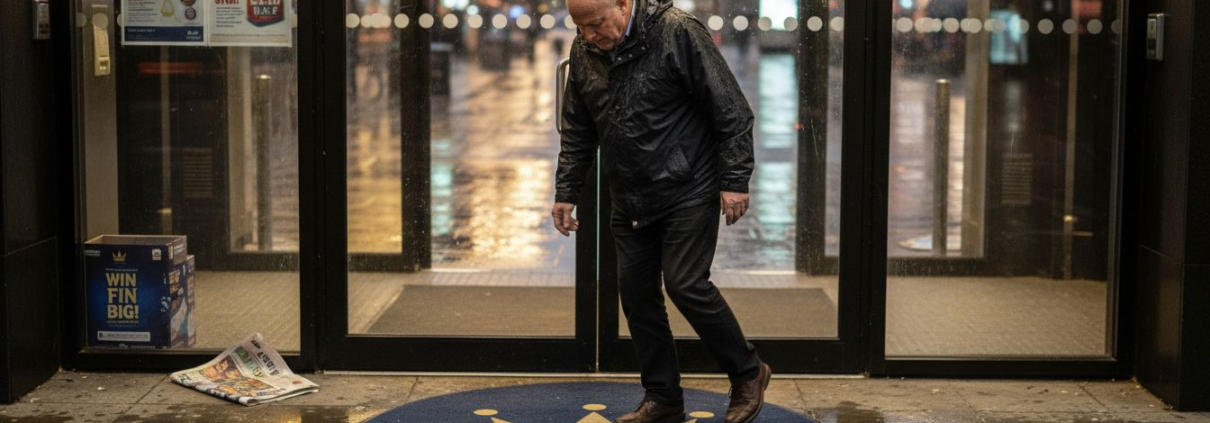 Man entering city casino with play responsibly sign