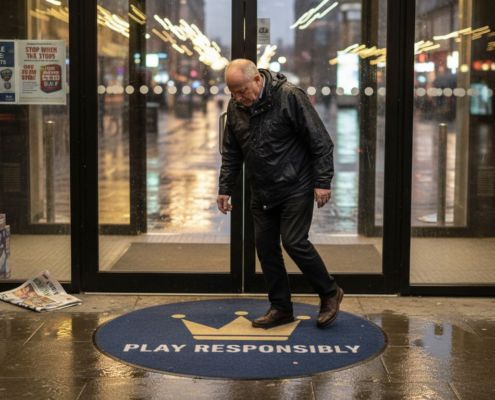 Man entering city casino with play responsibly sign