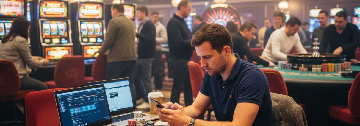 Man at table on UK casino floor surrounded by game variety
