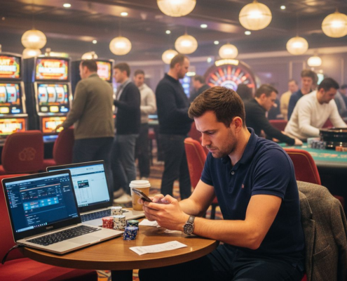 Man at table on UK casino floor surrounded by game variety