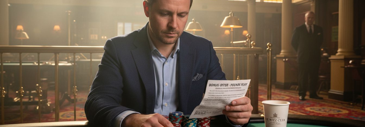 Man counting chips at casino table with bonus slip