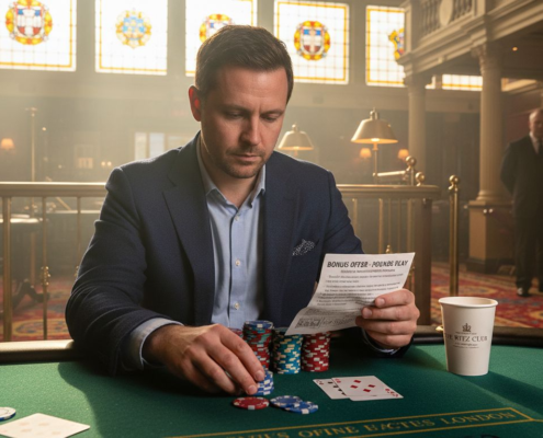 Man counting chips at casino table with bonus slip