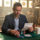 Man counting chips at casino table with bonus slip