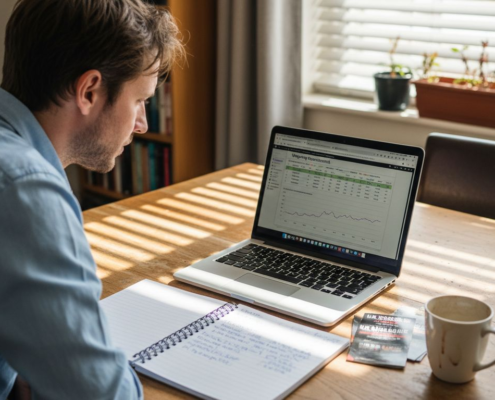 Man comparing casino bonuses at table