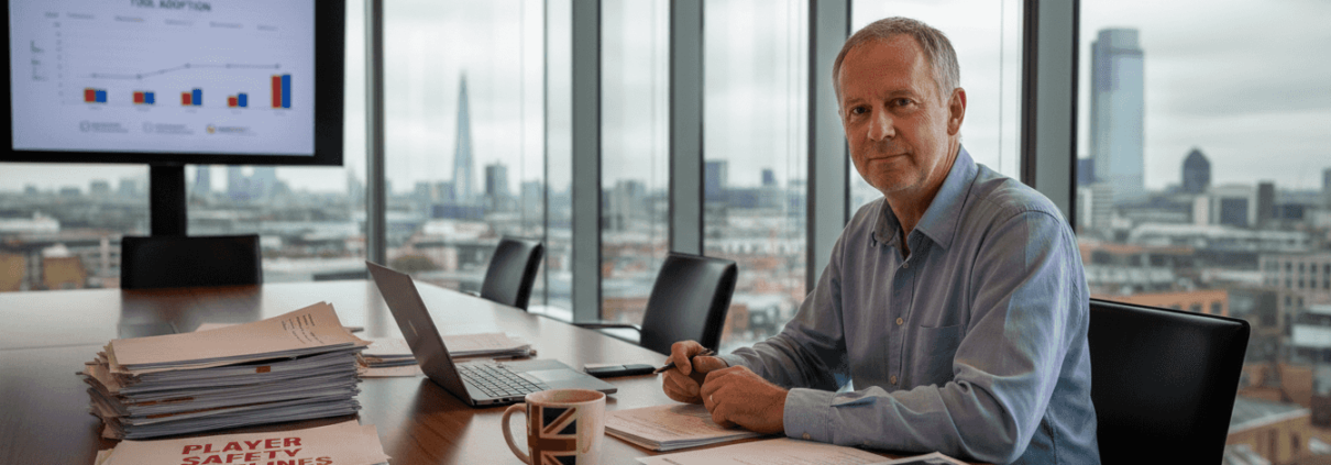 Compliance officer reviewing responsible gambling documents