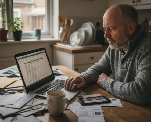 Man checks casino site security at kitchen table