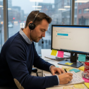 Casino support agent helping players at desk