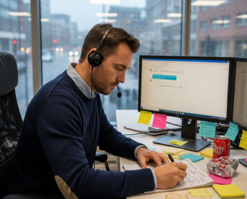 Casino support agent helping players at desk