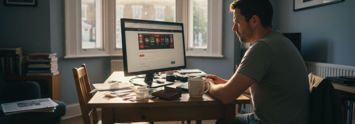 Man at desk using UK casino site