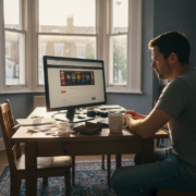 Man at desk using UK casino site