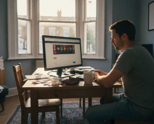 Man at desk using UK casino site