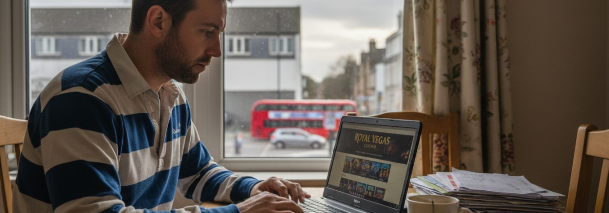 Man playing online casino at home dining table
