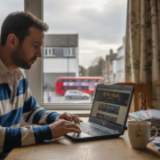 Man playing online casino at home dining table
