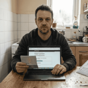 Man verifying online casino KYC in home kitchen