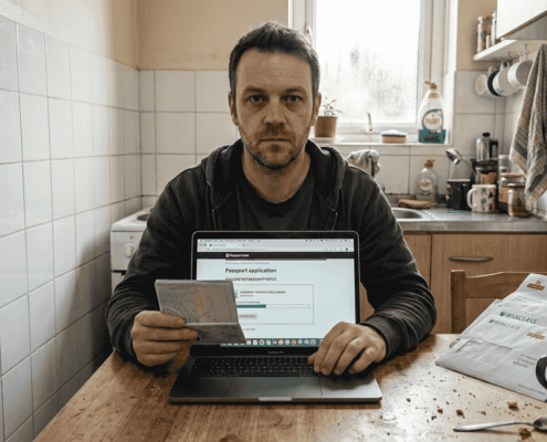 Man verifying online casino KYC in home kitchen