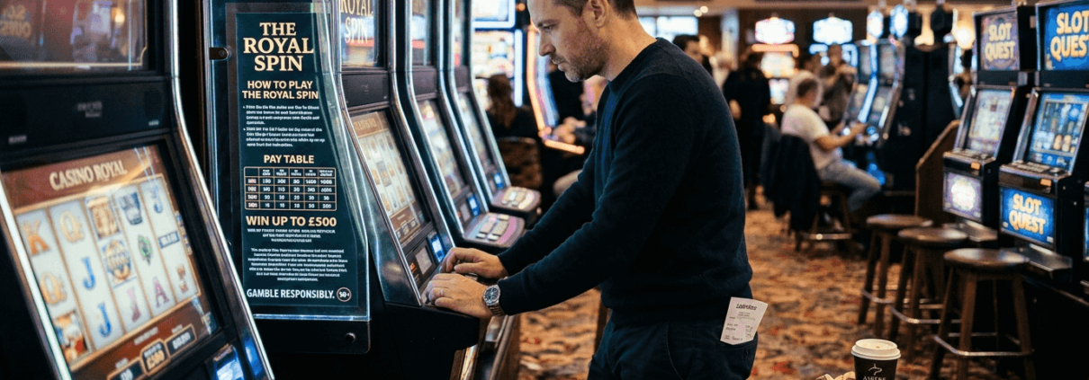 Player examines slot info on casino floor