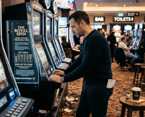 Player examines slot info on casino floor