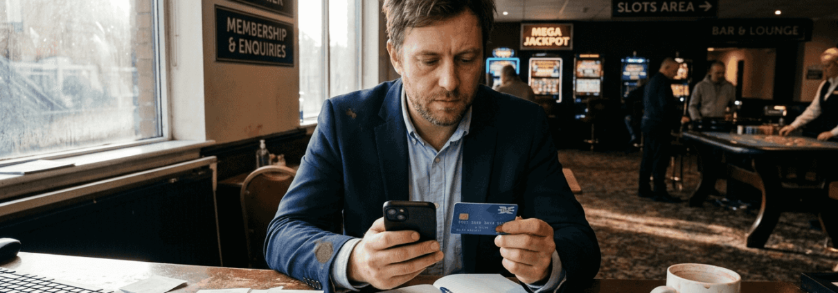 Man comparing card and e-wallet at casino desk