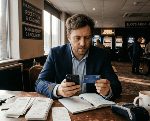Man comparing card and e-wallet at casino desk