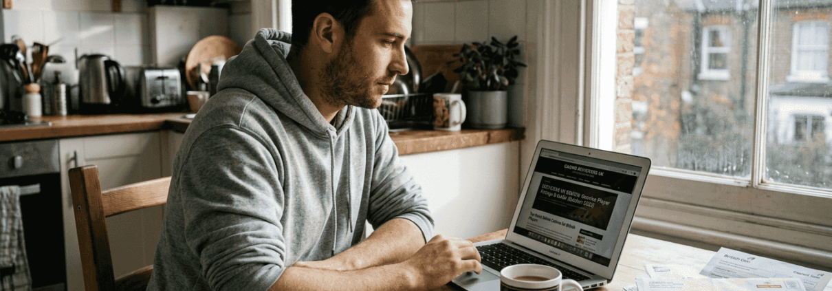 Man reading independent casino review at home