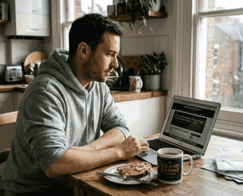 Man reading independent casino review at home