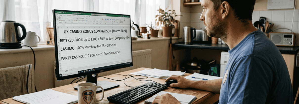 Man comparing casino bonus sites at home