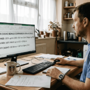 Man comparing casino bonus sites at home