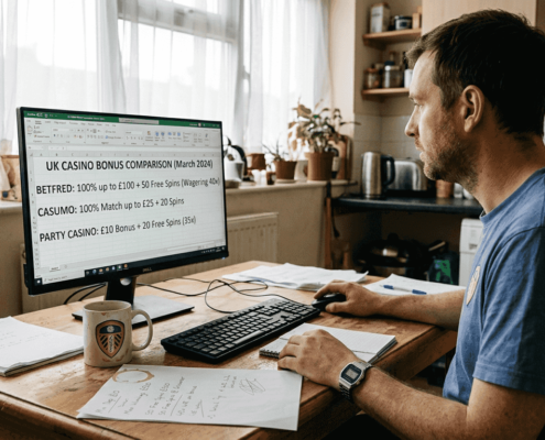 Man comparing casino bonus sites at home