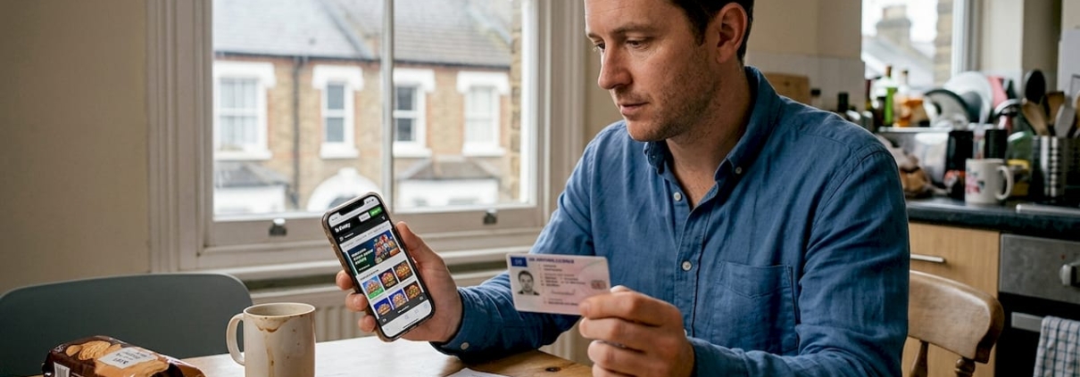 Man verifying casino withdrawal at kitchen table