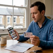 Man verifying casino withdrawal at kitchen table