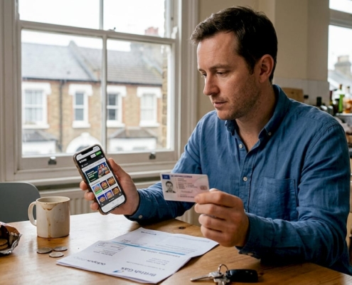 Man verifying casino withdrawal at kitchen table