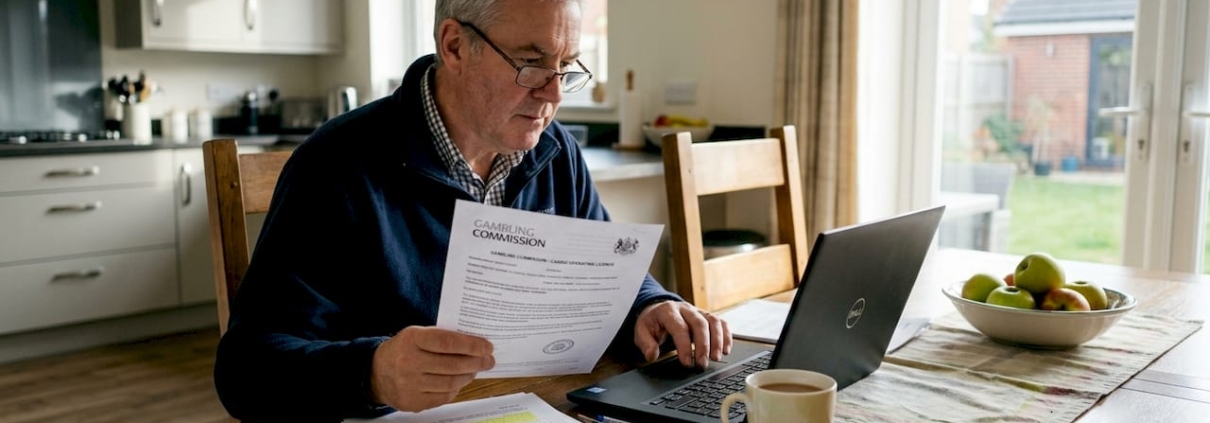 Man verifying casino fairness at kitchen table