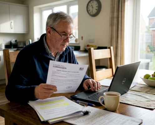 Man verifying casino fairness at kitchen table