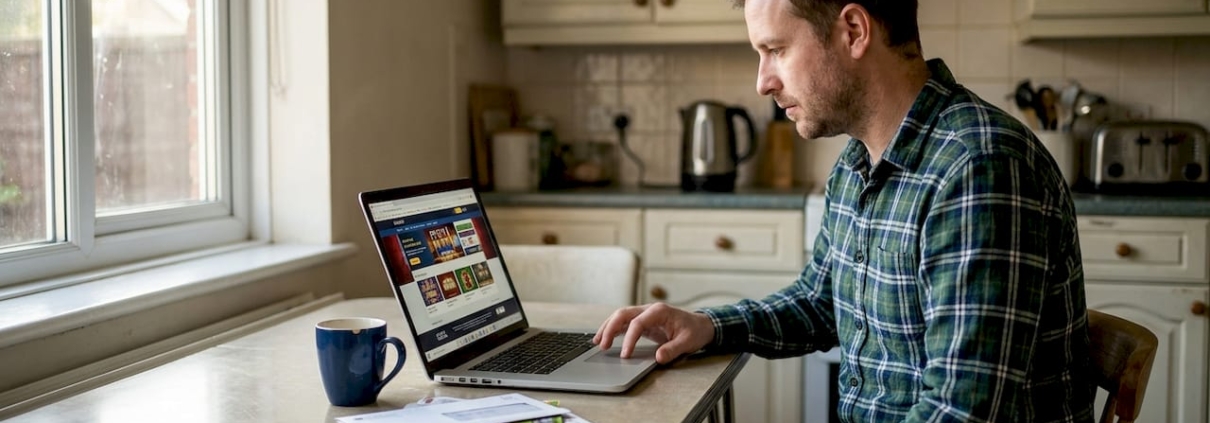 Person researching UK casino site at kitchen table