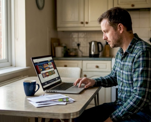 Person researching UK casino site at kitchen table