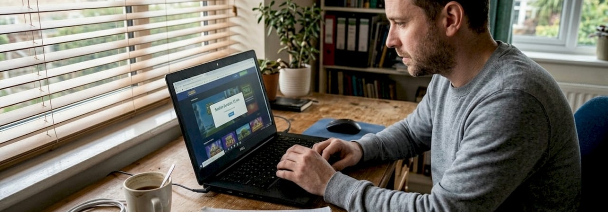 Man in home office sees reality check pop-up